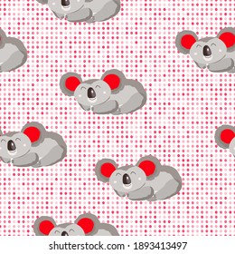 Seamless pattern with cute koala baby and hearts on white polka dots background. Funny australian animals. Card, postcards for kids. Flat vector illustration for fabric, textile, poster, paper.