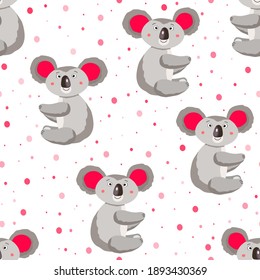 Seamless pattern with cute koala baby and hearts on white polka dots background. Funny australian animals. Card, postcards for kids. Flat vector illustration for fabric, textile, wallpaper, paper.