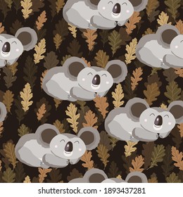 Seamless pattern with cute koala baby and leaves on color background. Funny australian animals. Card, postcards for kids. Flat vector illustration for fabric, textile, wallpaper, poster, paper.