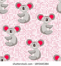 Patrón sin foco con un lindo bebé koala y corazones en polka blanco hace fondo. Animales australianos divertidos. Tarjeta, postales para niños. Ilustración vectorial plana para tela, textil, papel pintado, papel.