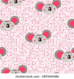Nahtloses Muster mit süßem Koala-Baby und Herzen auf weißem Polka-Punkthintergrund. Schöne australische Tiere. Karte, Postkarten für Kinder. Flache Vektorgrafik für Gewebe, Textilien, Tapeten, Papier.