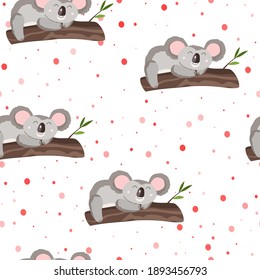 Seamless pattern with cute koala baby and hearts on white polka dots background. Funny australian animals. Card, postcards for kids. Flat vector illustration for fabric, textile, wallpaper, paper.