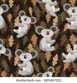Seamless pattern with cute koala baby and leaves on color background. Funny australian animals. Card, postcards for kids. Flat vector illustration for fabric, textile, wallpaper, poster, paper.