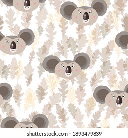 Seamless pattern with cute koala baby and leaves on color background. Funny australian animals. Card, postcards for kids. Flat vector illustration for fabric, textile, wallpaper, poster, paper.