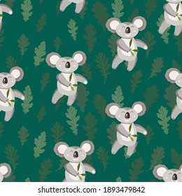 Seamless pattern with cute koala baby and leaves on color background. Funny australian animals. Card, postcards for kids. Flat vector illustration for fabric, textile, wallpaper, poster, paper.
