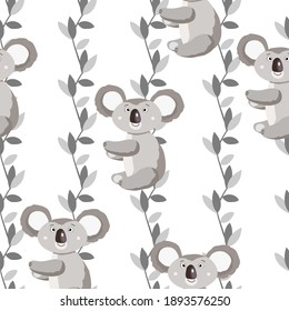 Seamless pattern with cute koala baby and leaves on  white background. Funny australian animals. Card, postcards for kids. Flat vector illustration for fabric, textile, wallpaper, poster, paper.