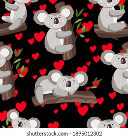 Seamless pattern with cute koala baby and hearts on dark background. Funny australian animals. Card, postcards for kids. Flat vector illustration for fabric, textile, wallpaper, poster, paper.