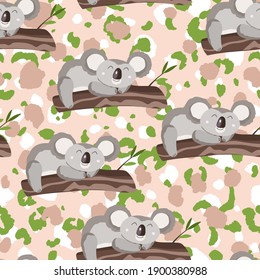 Seamless pattern with cute koala baby on colorful camouflage background. Funny australian animals. Card, postcards for kids. Flat vector illustration for fabric, textile, wallpaper, poster, print.