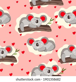 Seamless pattern with cute koala baby and hearts on color background. Funny australian animals. Card, postcards for kids. Flat vector illustration for fabric, textile, wallpaper, poster, paper.