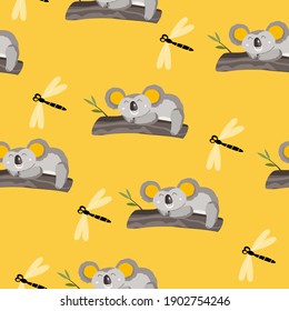 Nahtloses Muster mit süßem Koala-Baby und Drachenfliege auf Farbhintergrund. Schöne australische Tiere. Karte, Postkarten für Kinder. Flache Vektorgrafik für Gewebe, Textilien, Tapeten, Poster, Papier.