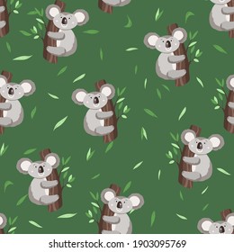 Seamless pattern with cute koala baby and leaves on color background. Funny australian animals. Card, postcards for kids. Flat vector illustration for fabric, textile, wallpaper, poster, paper.