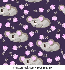 Seamless pattern with cute koala baby and flowers on color background. Funny australian animals. Card, postcards for kids. Flat vector illustration for fabric, textile, wallpaper, poster, paper.