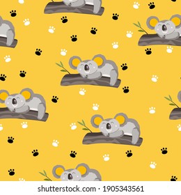 Seamless pattern with cute koala baby and footprint on color background. Funny australian animals. Card, postcards for kids. Flat vector illustration for fabric, textile, wallpaper, poster, paper.