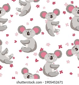 Seamless pattern with cute koala baby and flowers on light background. Funny australian animals. Card, postcards for kids. Flat vector illustration for fabric, textile, wallpaper, poster, paper.