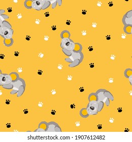 Seamless pattern with cute koala baby and footprint on color background. Funny australian animals. Card, postcards for kids. Flat vector illustration for fabric, textile, wallpaper, poster, paper.