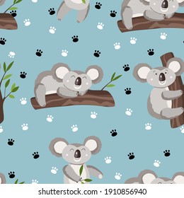 Seamless pattern with cute koala baby and footprint on color background. Funny australian animals. Card, postcards for kids. Flat vector illustration for fabric, textile, wallpaper, poster, paper.
