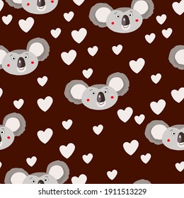Seamless pattern with cute koala baby and hearts on white background. Funny australian animals. Card, postcards for kids. Flat vector illustration for fabric, textile, wallpaper, poster, paper.