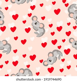 Seamless pattern with cute koala baby and hearts on color background. Funny australian animals. Card, postcards for kids. Flat vector illustration for fabric, textile, wallpaper, poster, paper.