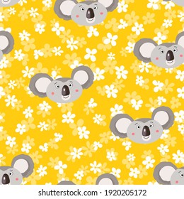 Seamless pattern with cute koala baby and hearts on white background. Funny australian animals. Card, postcards for kids. Flat vector illustration for fabric, textile, wallpaper, poster, paper.