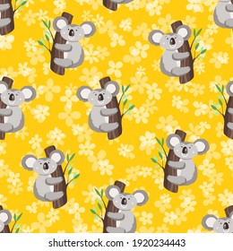 Seamless pattern with cute koala baby and hearts on white background. Funny australian animals. Card, postcards for kids. Flat vector illustration for fabric, textile, wallpaper, poster, paper.