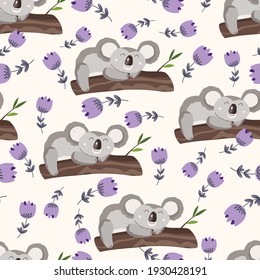 Seamless pattern with cute koala baby and flowers on color background. Funny australian animals. Card, postcards for kids. Flat vector illustration for fabric, textile, wallpaper, poster, paper.