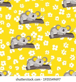 Seamless pattern with cute koala baby and flowers on color background. Funny australian animals. Card, postcards for kids. Flat vector illustration for fabric, textile, wallpaper, poster, paper.