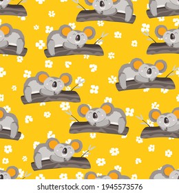 Patrón sin inconvenientes con un lindo bebé koala y flores en el fondo del color. Animales australianos divertidos. Tarjeta, postales para niños. Ilustración vectorial plana para tela, textil, papel pintado, afiche, papel.