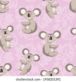 Seamless pattern with cute koala baby and flowers on color background. Funny australian animals. Card, postcards for kids. Flat vector illustration for fabric, textile, wallpaper, poster, paper.