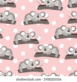 Seamless pattern with cute koala baby on color polka dots background. Funny australian animals. Card, postcards for kids. Flat vector illustration for fabric, textile, wallpaper, poster.