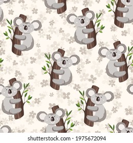 Seamless pattern with cute koala baby and flowers on color background. Funny australian animals. Card, postcards for kids. Flat vector illustration for fabric, textile, wallpaper, poster, paper.