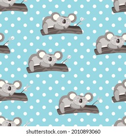 Seamless pattern with cute koala baby and flowers on color polka dots background. Funny australian animals. Card, postcards for kids. Flat vector illustration for fabric, textile, wallpaper, poster.
