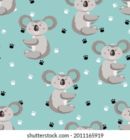 Seamless pattern with cute koala baby and footprint on color background. Funny australian animals. Card, postcards for kids. Flat vector illustration for fabric, textile, wallpaper, poster, paper.