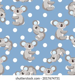 Seamless pattern with cute koala baby and flowers on color polka dots background. Funny australian animals. Card, postcards for kids. Flat vector illustration for fabric, textile, wallpaper, poster.