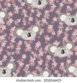 Seamless pattern with cute koala baby and flowers on color background. Funny australian animals. Card, postcards for kids. Flat vector illustration for fabric, textile, wallpaper, poster, paper.