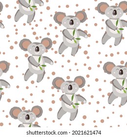 Seamless pattern with cute koala baby and hearts on white polka dots background. Funny Australian animals. Card, postcards for kids. Flat vector illustration for fabric, textile, poster, print.