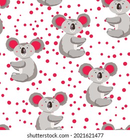 Seamless pattern with cute koala baby and hearts on white polka dots background. Funny Australian animals. Card, postcards for kids. Flat vector illustration for fabric, textile, poster, print.