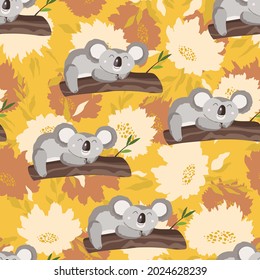 Seamless pattern with cute koala baby and flowers on color background. Funny australian animals. Card, postcards for kids. Flat vector illustration for fabric, textile, wallpaper, poster, paper.
