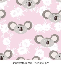 Seamless pattern with cute koala baby and hearts on white background. Funny australian animals. Card, postcards for kids. Flat vector illustration for fabric, textile, wallpaper, poster, paper.