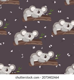 Seamless pattern with cute koala baby and flowers on color background. Funny australian animals. Card, postcards for kids. Flat vector illustration for fabric, textile, wallpaper, poster, paper.
