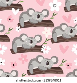 Seamless pattern with cute koala baby on color background. Funny australian animals. Card, postcards for kids. Flat vector illustration for fabric, textile, wallpaper, poster, paper.