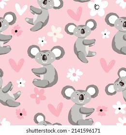 Seamless pattern with cute koala baby on color background. Funny australian animals. Card, postcards for kids. Flat vector illustration for fabric, textile, wallpaper, poster, paper.