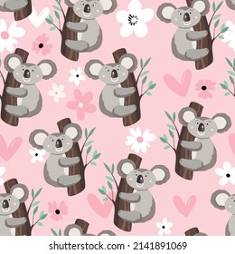 Seamless pattern with cute koala baby on color background. Funny australian animals. Card, postcards for kids. Flat vector illustration for fabric, textile, wallpaper, poster, paper.