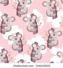 Seamless pattern with cute koala baby on color background. Funny australian animals. Card, postcards for kids. Flat vector illustration for fabric, textile, wallpaper, poster, paper.