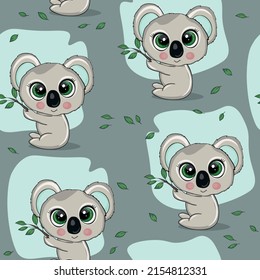 Seamless pattern with cute koala baby on color background. Funny australian animals. Card, postcards for kids. Flat vector illustration for fabric, textile, wallpaper, poster, paper.