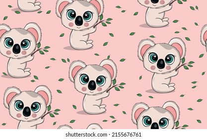 Seamless pattern with cute koala baby on color background. Funny australian animals. Card, postcards for kids. Flat vector illustration for fabric, textile, wallpaper, poster, paper.