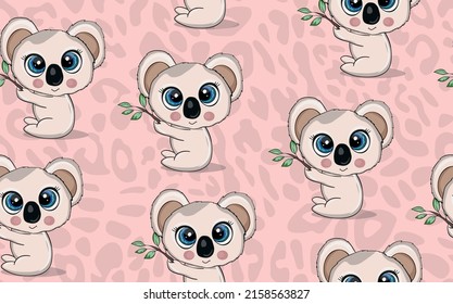 Seamless pattern with cute koala baby on color background. Funny australian animals. Card, postcards for kids. Flat vector illustration for fabric, textile, wallpaper, poster, paper.
