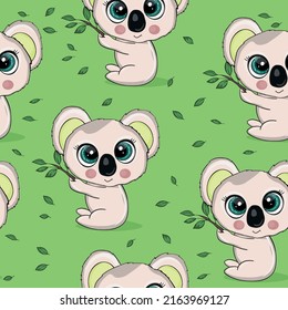 Seamless pattern with cute koala baby on color background. Funny australian animals. Card, postcards for kids. Flat vector illustration for fabric, textile, wallpaper, poster, paper.