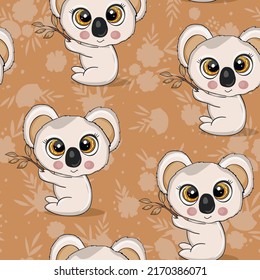 Seamless pattern with cute koala baby on color background. Funny australian animals. Card, postcards for kids. Flat vector illustration for fabric, textile, wallpaper, poster, paper.