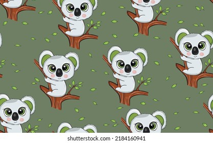 Seamless pattern with cute koala baby on color background. Funny australian animals. Card, postcards for kids. Flat vector illustration for fabric, textile, wallpaper, poster, paper.