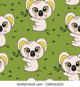 Seamless pattern with cute koala baby on color background. Funny australian animals. Card, postcards for kids. Flat vector illustration for fabric, textile, wallpaper, poster, paper.